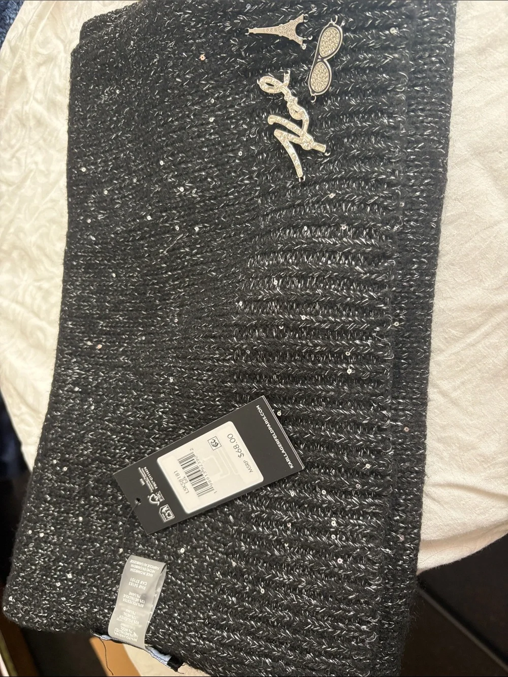 Karl Lagerfeld Black Speckled Knit Scarf with Silver Accents